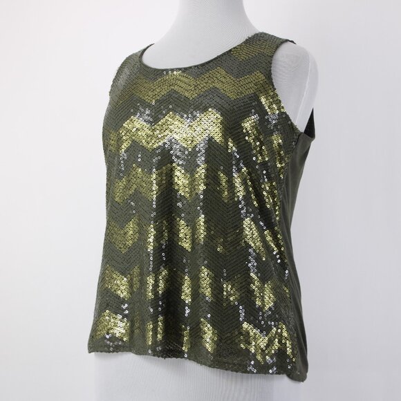 Coldwater Creek Top $75 Sz 1x Green Olive Sequin Chevron Poly Cotton Top - Picture 4 of 16